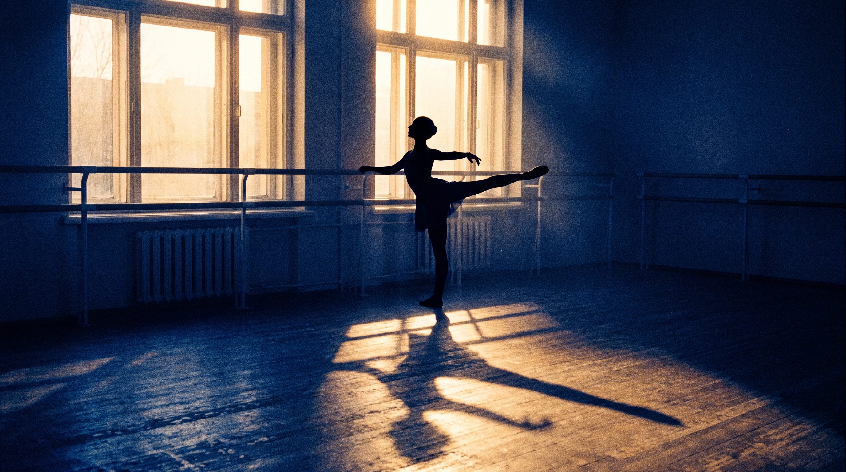 A dancer practising alone at the barre in a dark studio