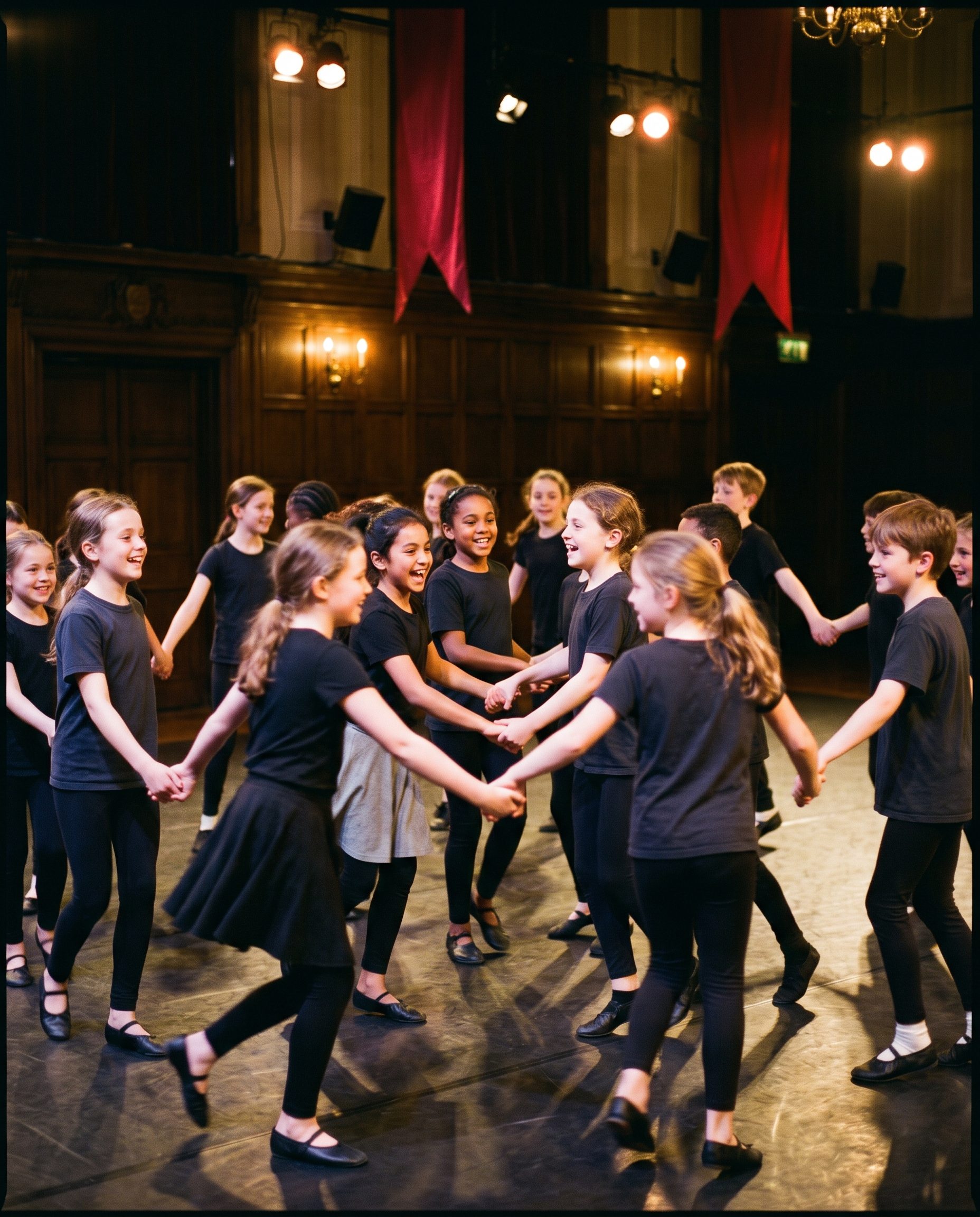 A large group of young dancers laughing as they dance together in a ballroom